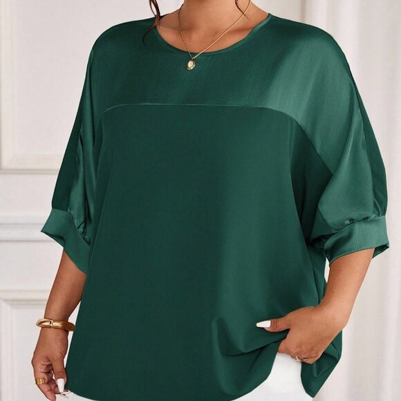 Dark Green Casual Women's Plus Size Metallic Raglan Patchwork Pullover Shirt - Picture 3 of 7